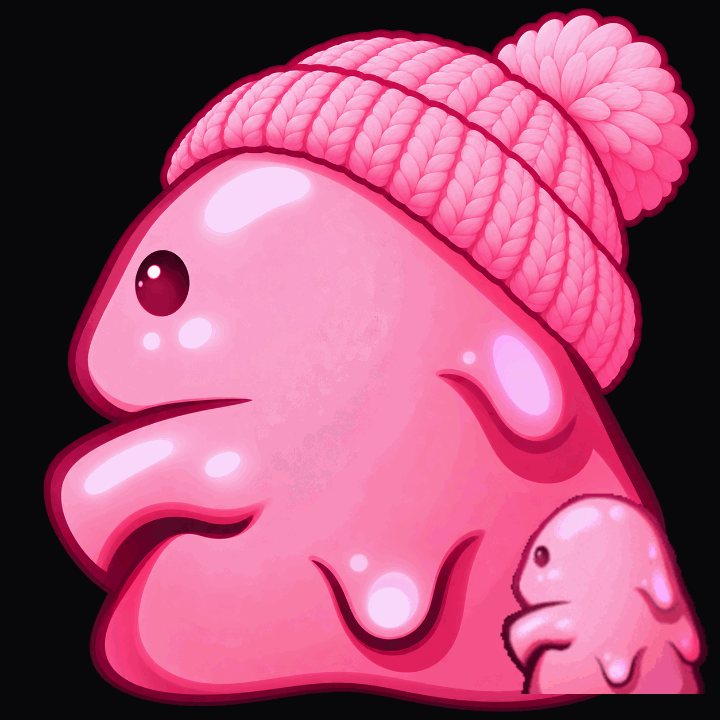 Pink blob in a knit hat, with a smaller blob beside him